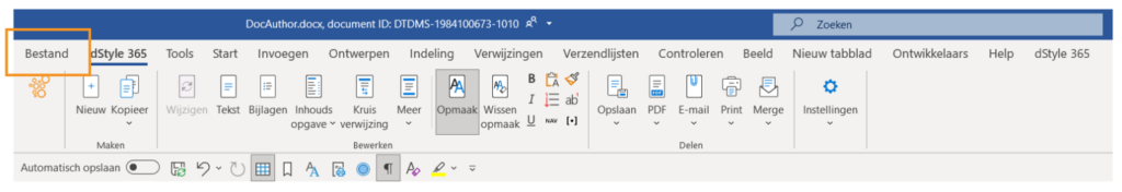 DocAuthor informatie in Word bestand menu