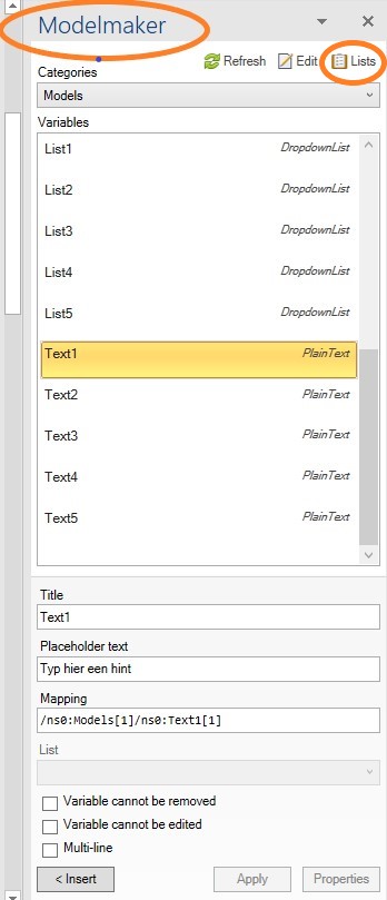 Edit lists scherm