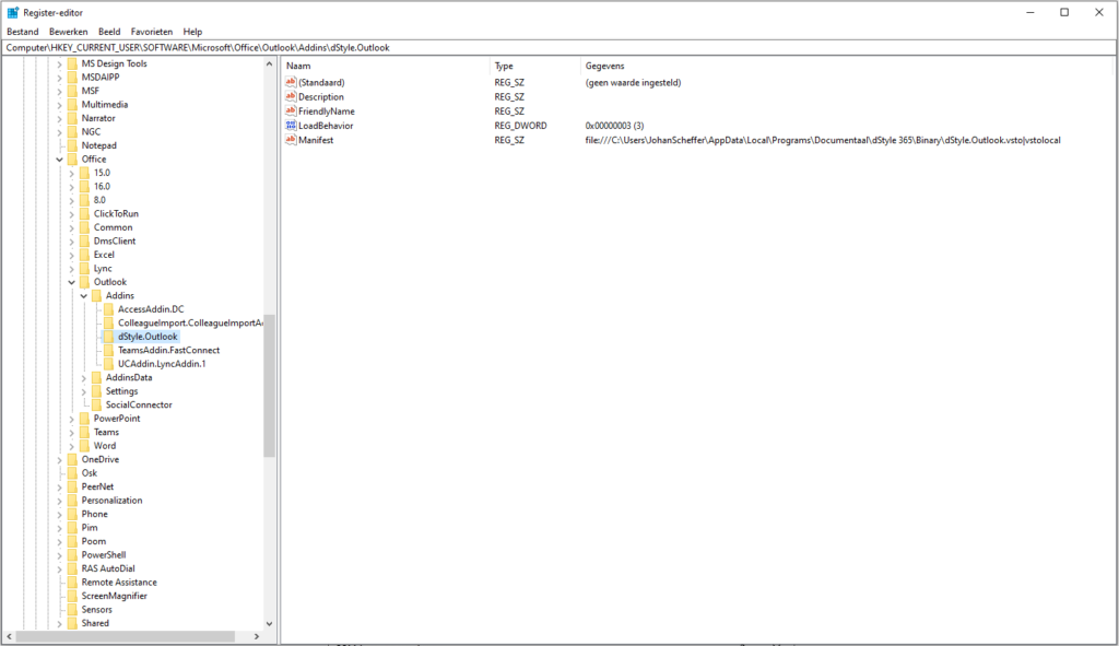 Registry Editor location for Outlook add-in