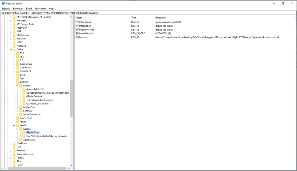 Registry Editor location for Word add-in