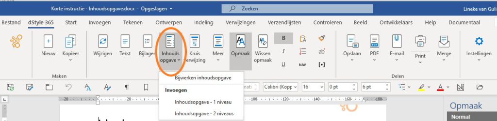 Table of Contents button in dStyle365