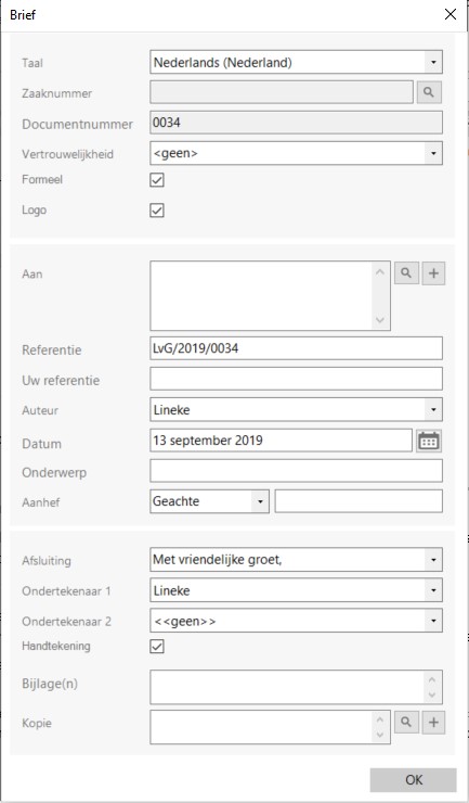 Dialoogvenster Brief
