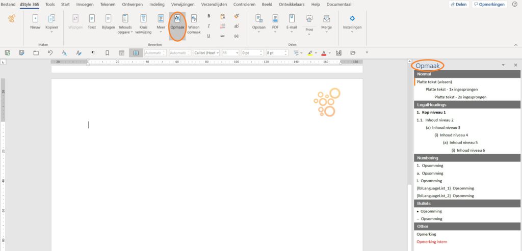 Opmaak scherm in dStyle365/LegalWord365