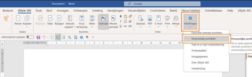 Persoonlijke profielen menu in dStyle365