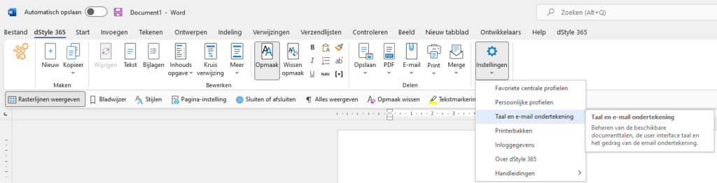 Taal en e-mail ondertekening menu