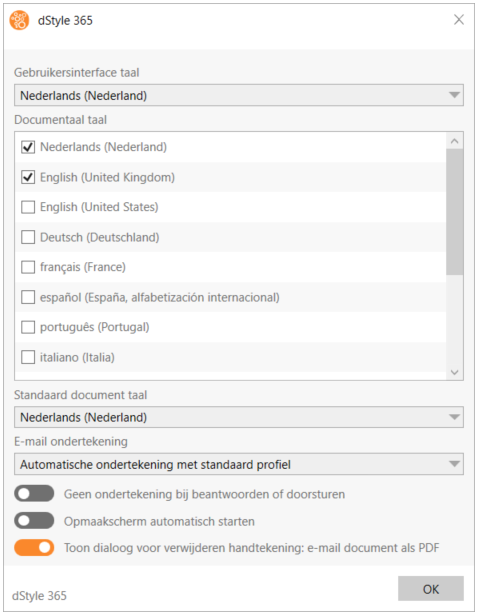 Taal en e-mail instellingen dialoog