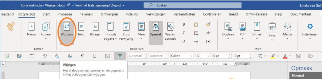 Wijzigen knop in dStyle365 LegalWord365