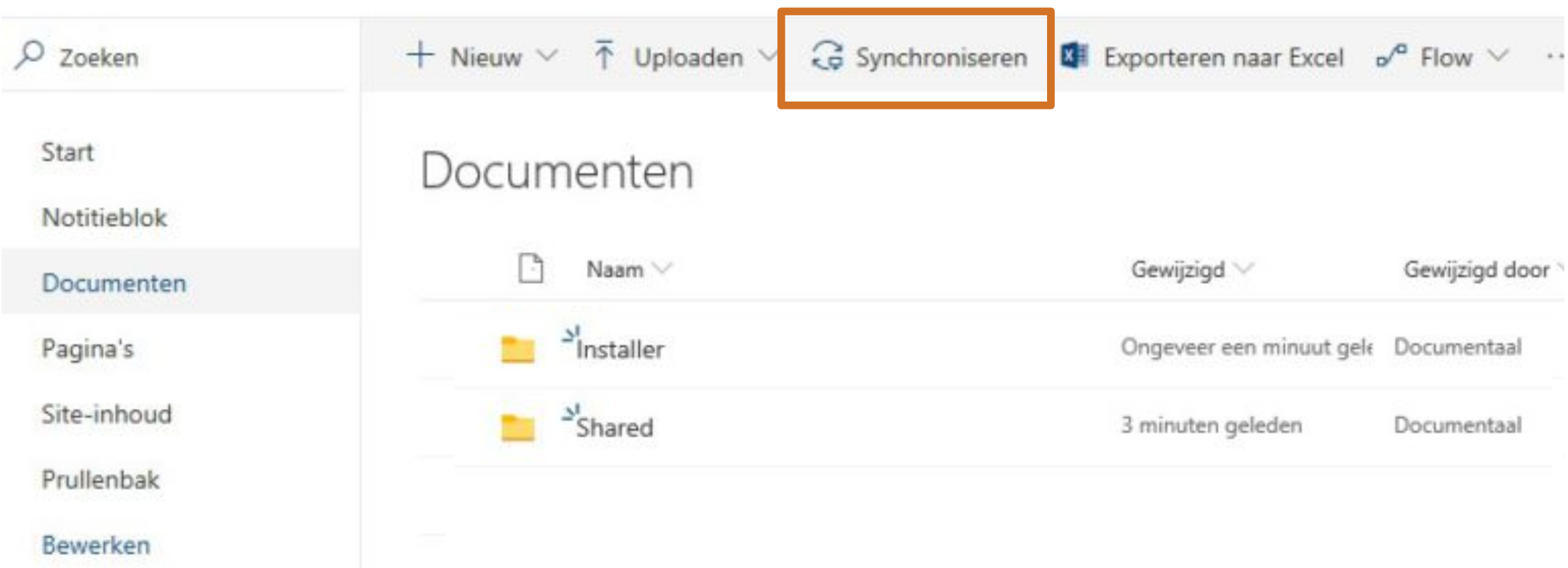 Synchroniseren knop in SharePoint