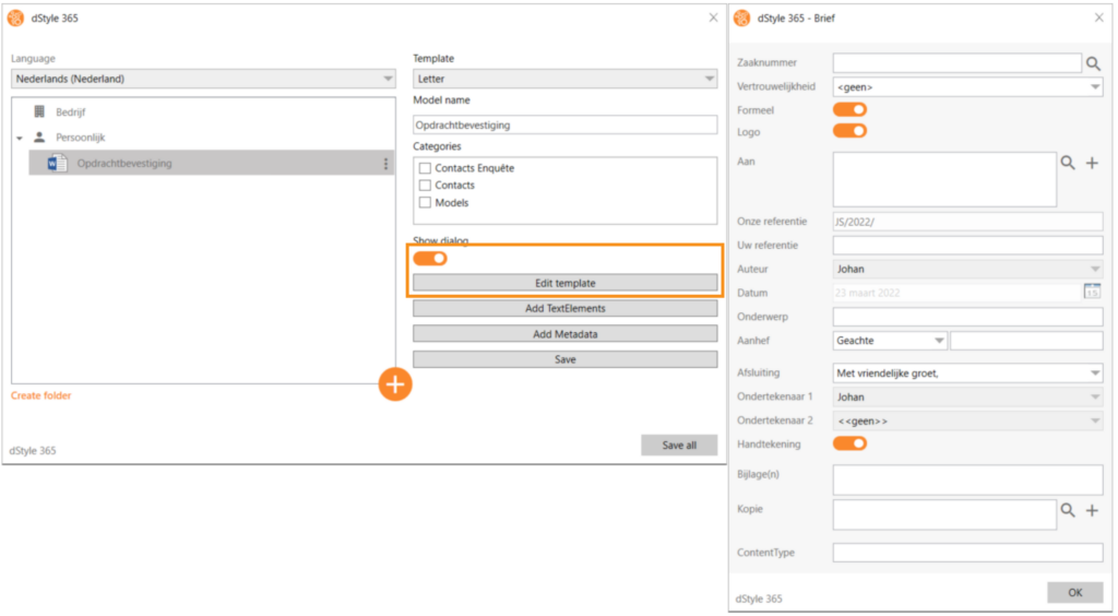 Show dialog en Edit template