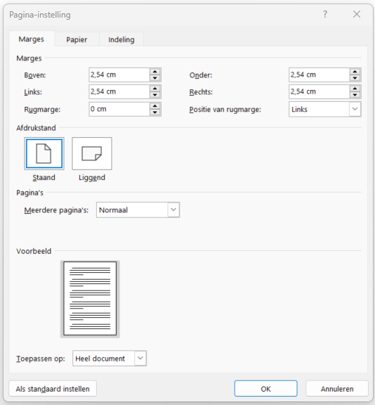 Pagina-instelling venster
