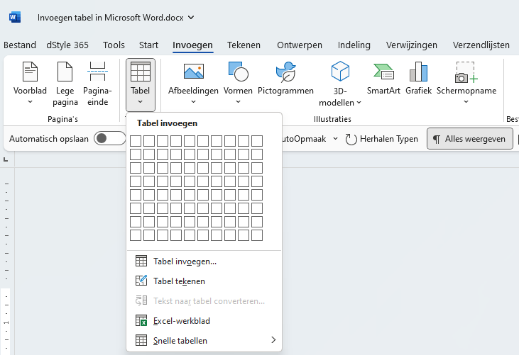 Tabel invoegen menu