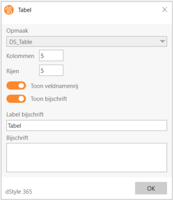 dStyle365 Table dialog