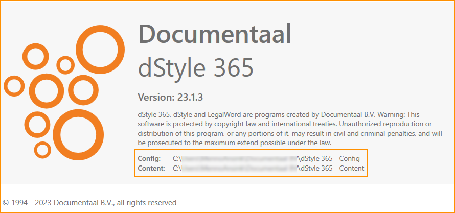 Over dStyle365/LegalWord365 scherm met locatiepaden